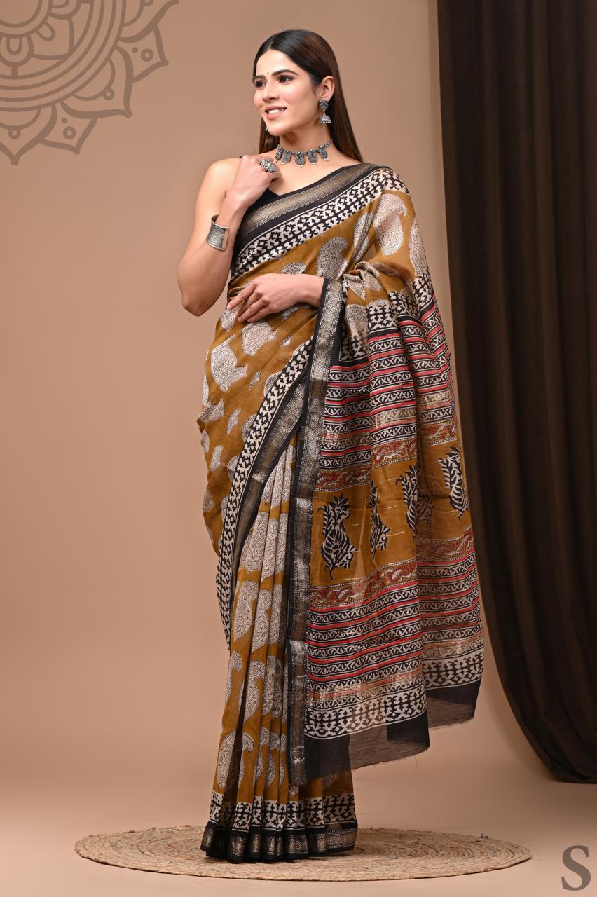 Pure Hand Block Printed Maheshwari Saree