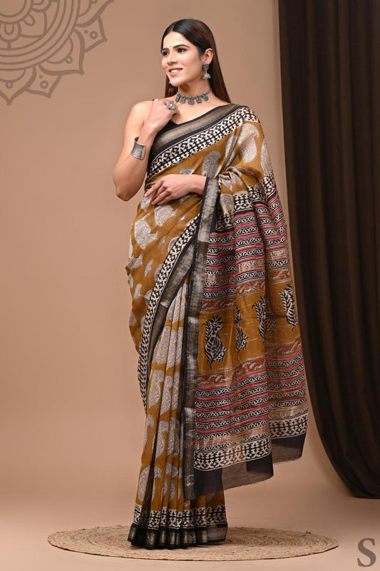 Pure Hand Block Printed Maheshwari Saree
