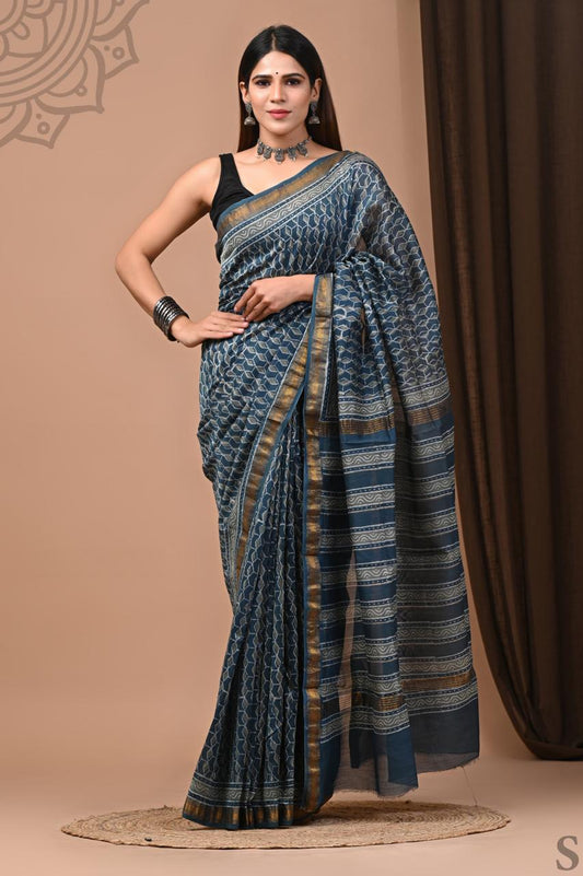 Pure Hand Block Printed Maheshwari Saree