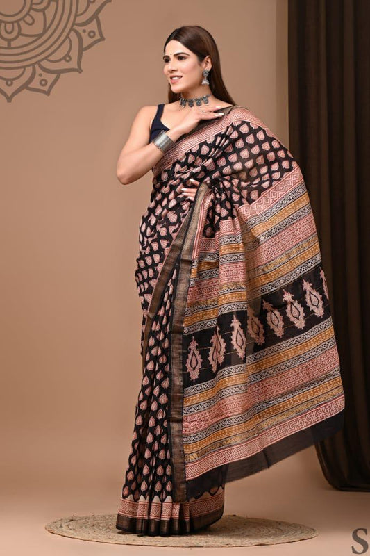 Pure Hand Block Printed Maheshwari Saree