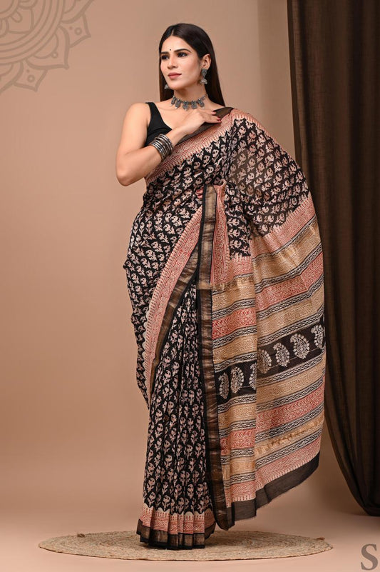 Pure Hand Block Printed Maheshwari Saree