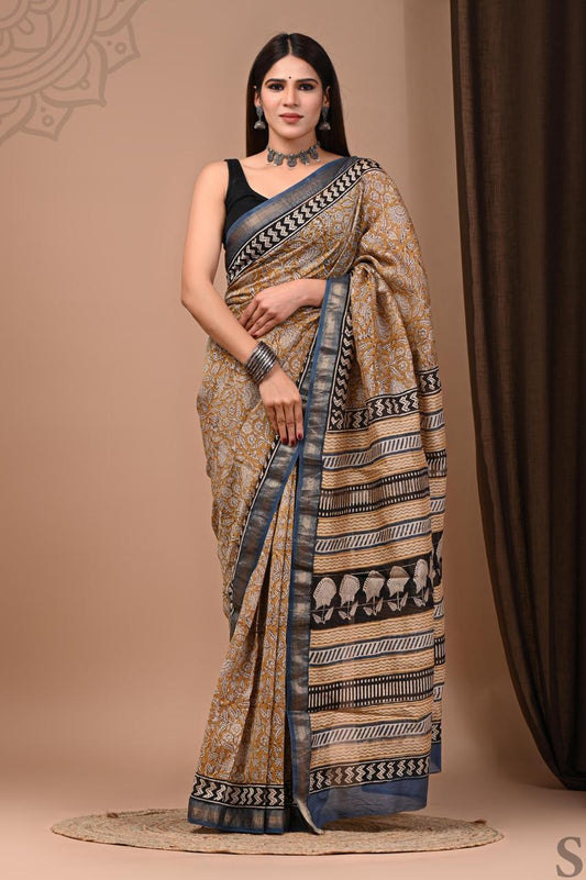 Pure Hand Block Printed Maheshwari Saree