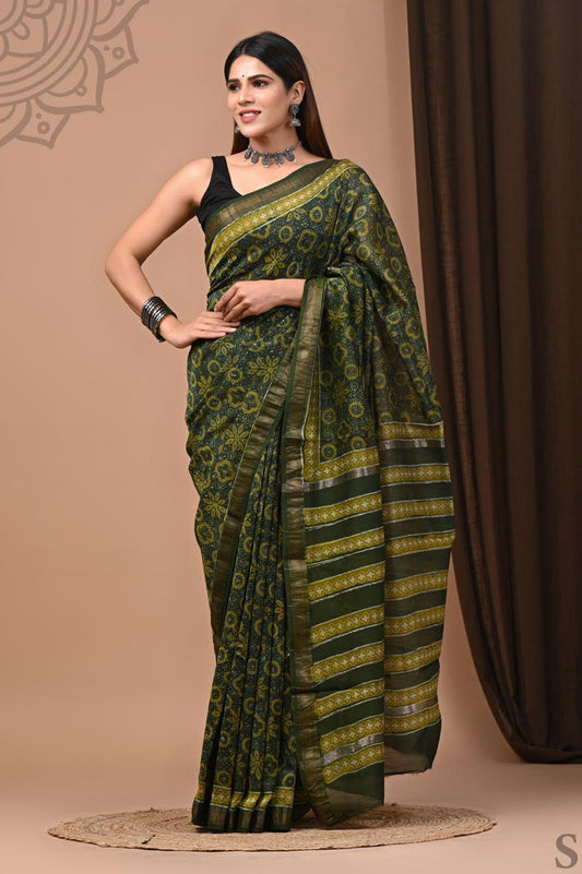 Pure Hand Block Printed Maheshwari Saree
