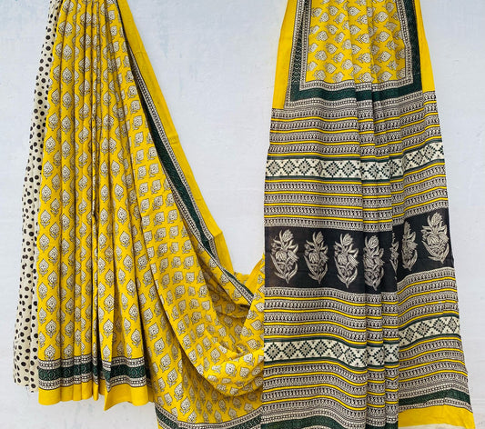 Hand block printed Cotton Bagru Saree