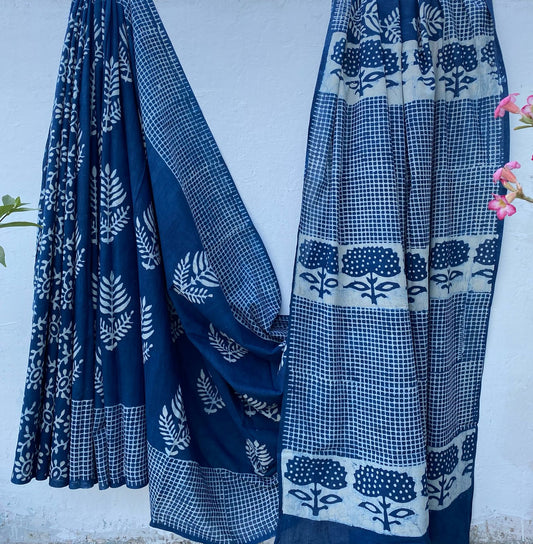 Hand block printed Cotton Bagru Saree