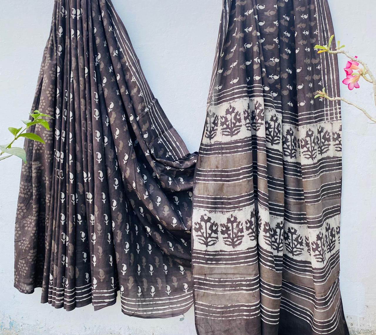 Hand block printed Cotton Bagru Saree