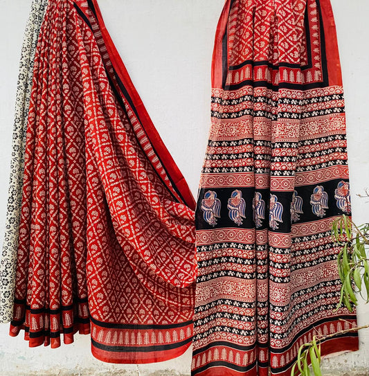 Hand block printed Cotton Bagru Saree