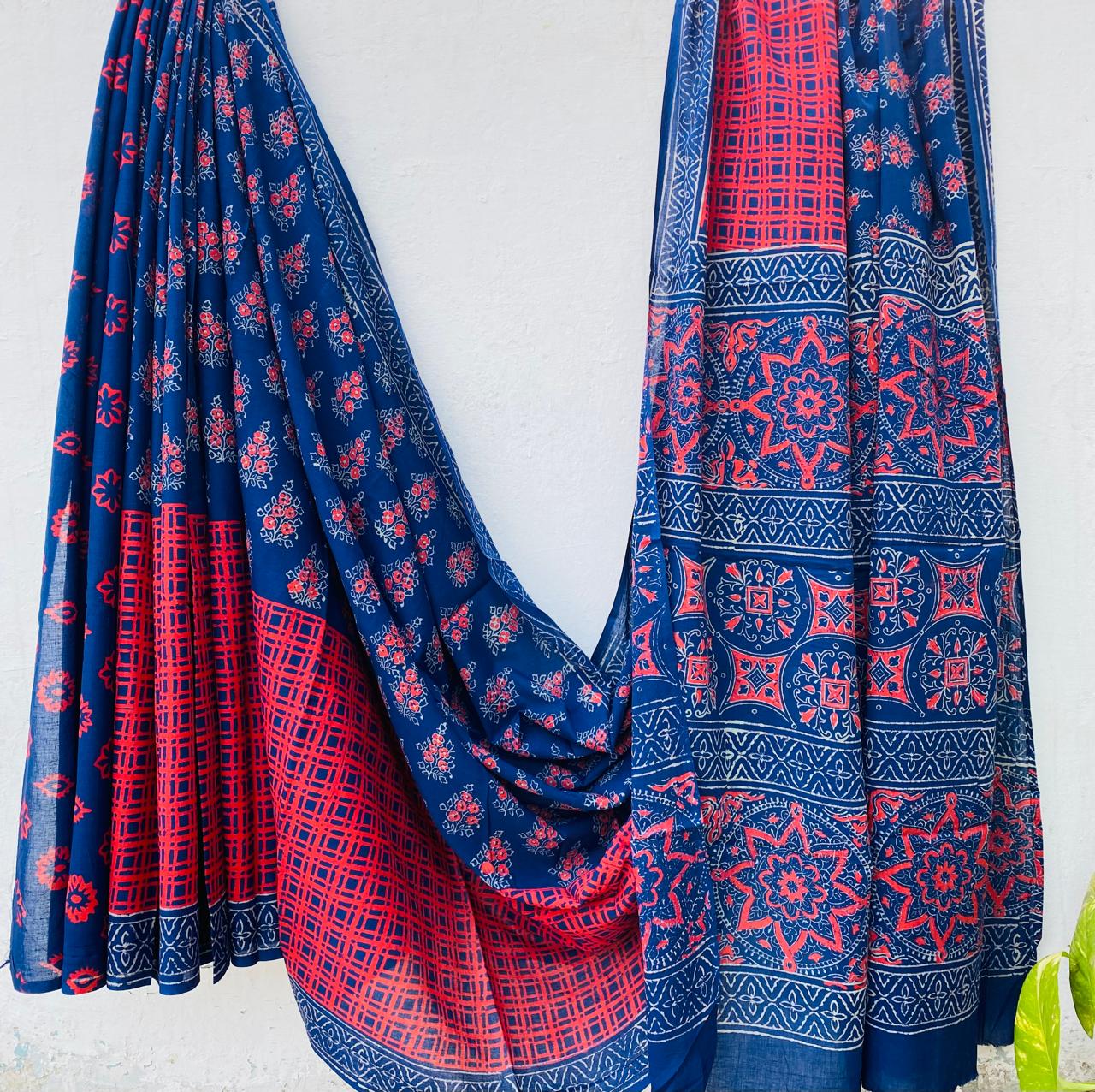 Hand block printed Cotton Bagru Saree