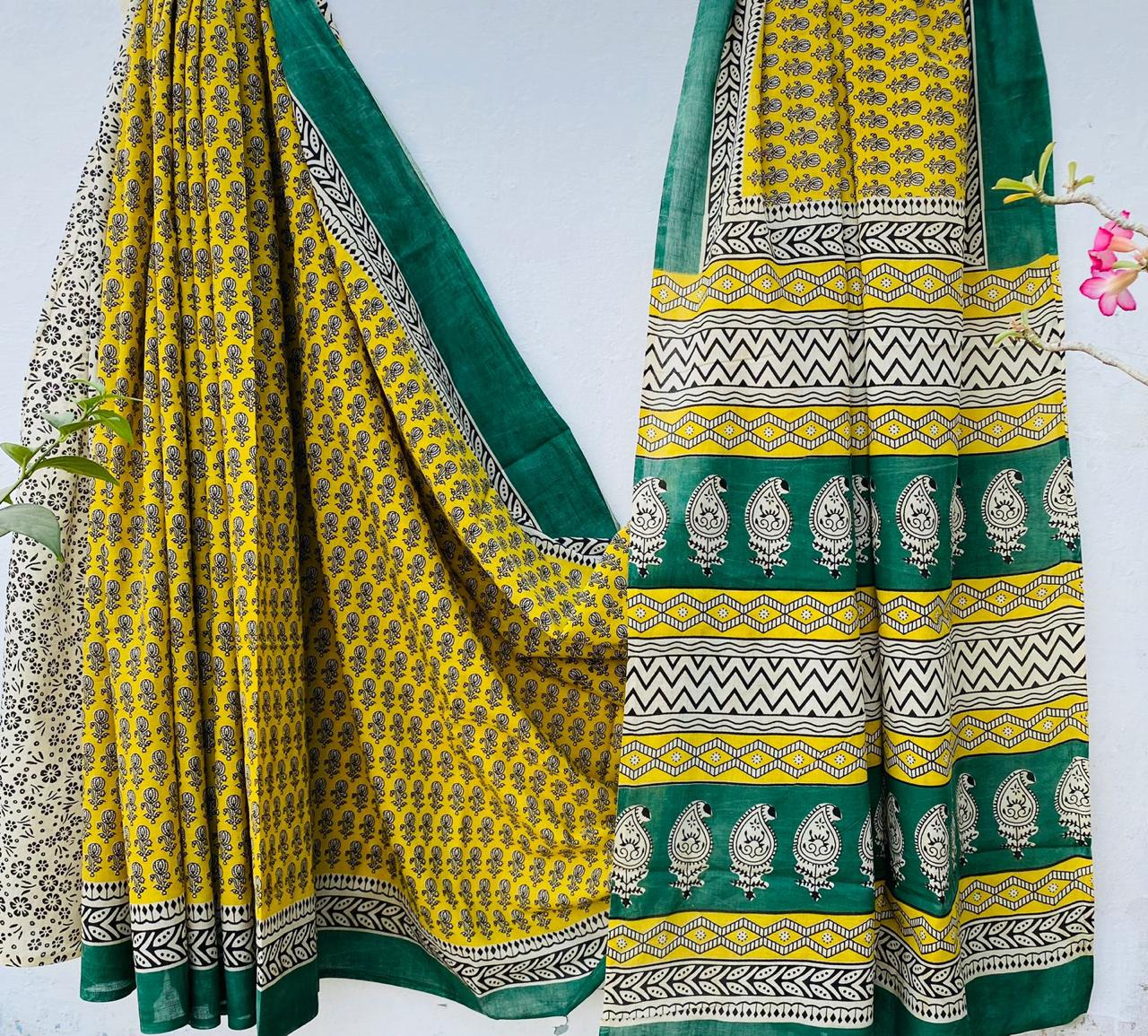 Hand block printed Cotton Bagru Saree