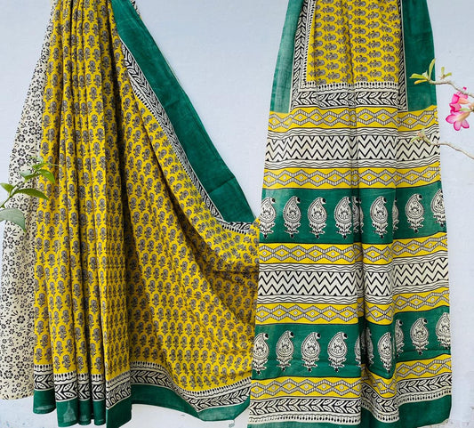 Hand block printed Cotton Bagru Saree