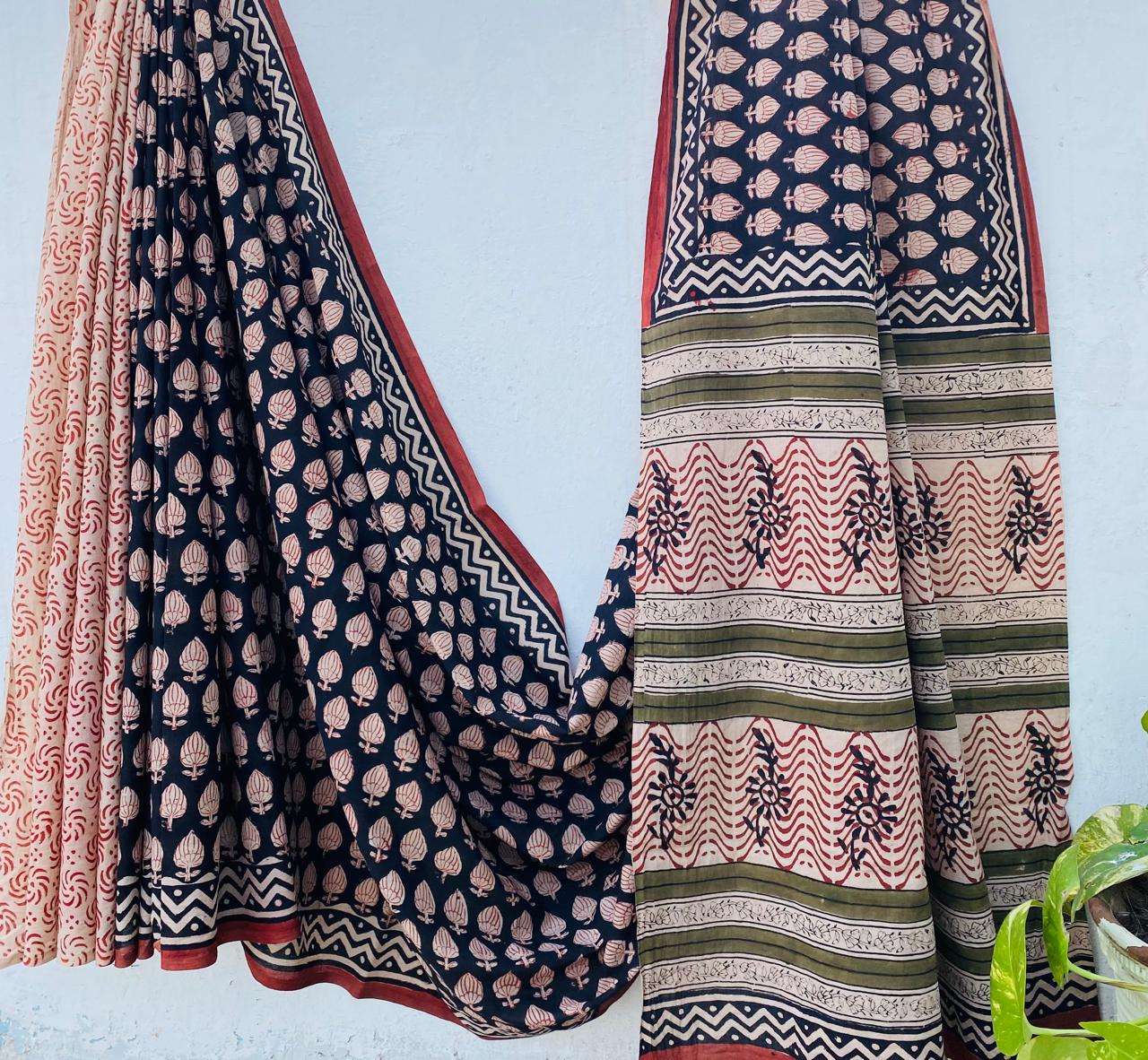 Hand block printed Cotton Bagru Saree