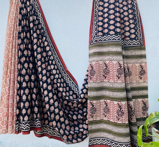 Hand block printed Cotton Bagru Saree