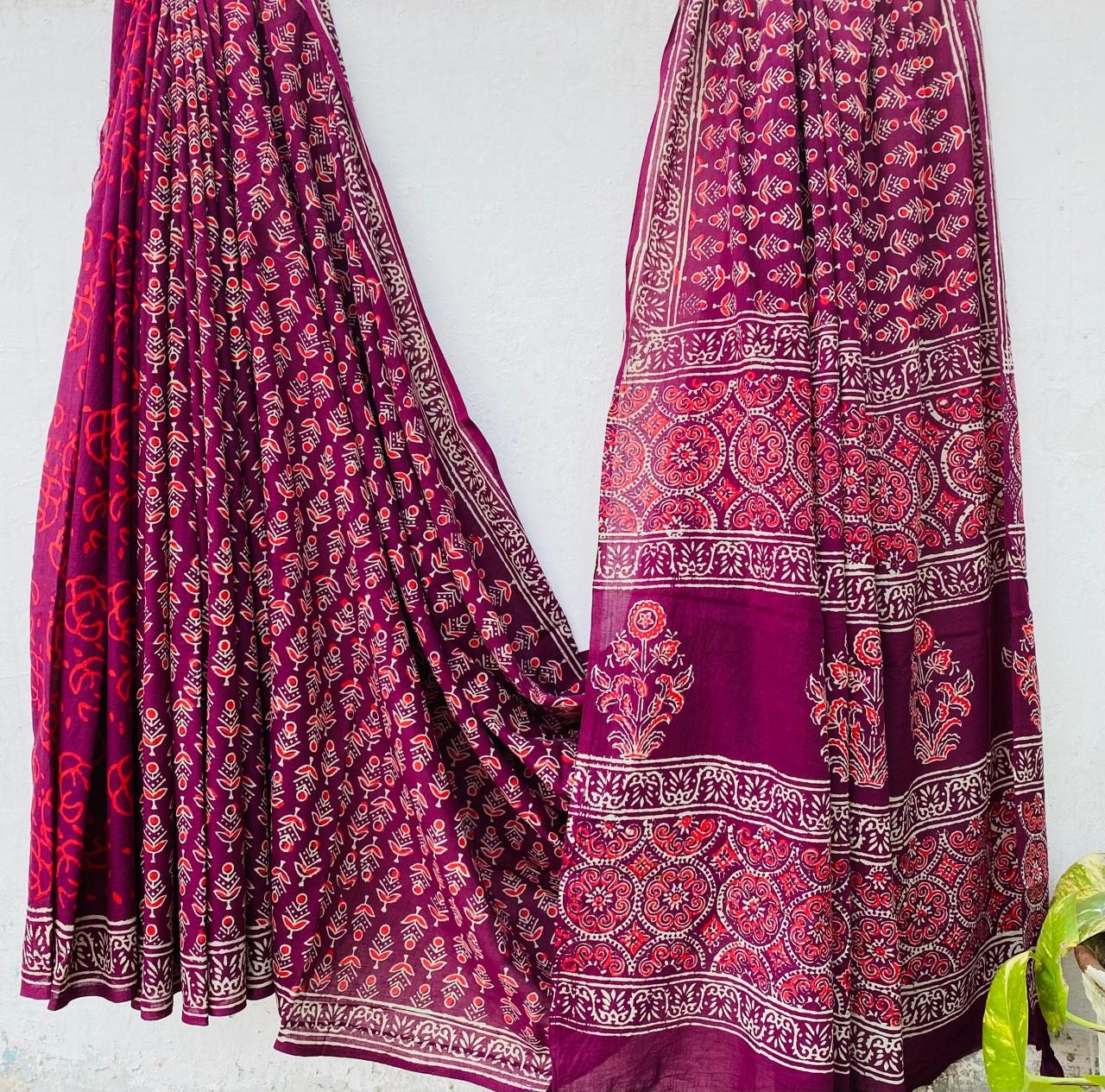Hand block printed Cotton Bagru Saree