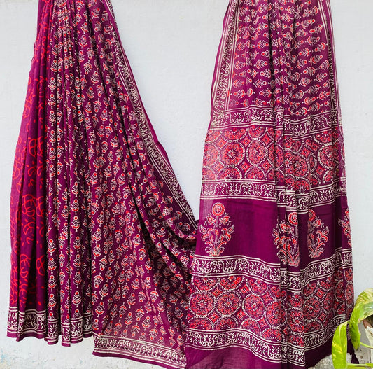 Hand block printed Cotton Bagru Saree