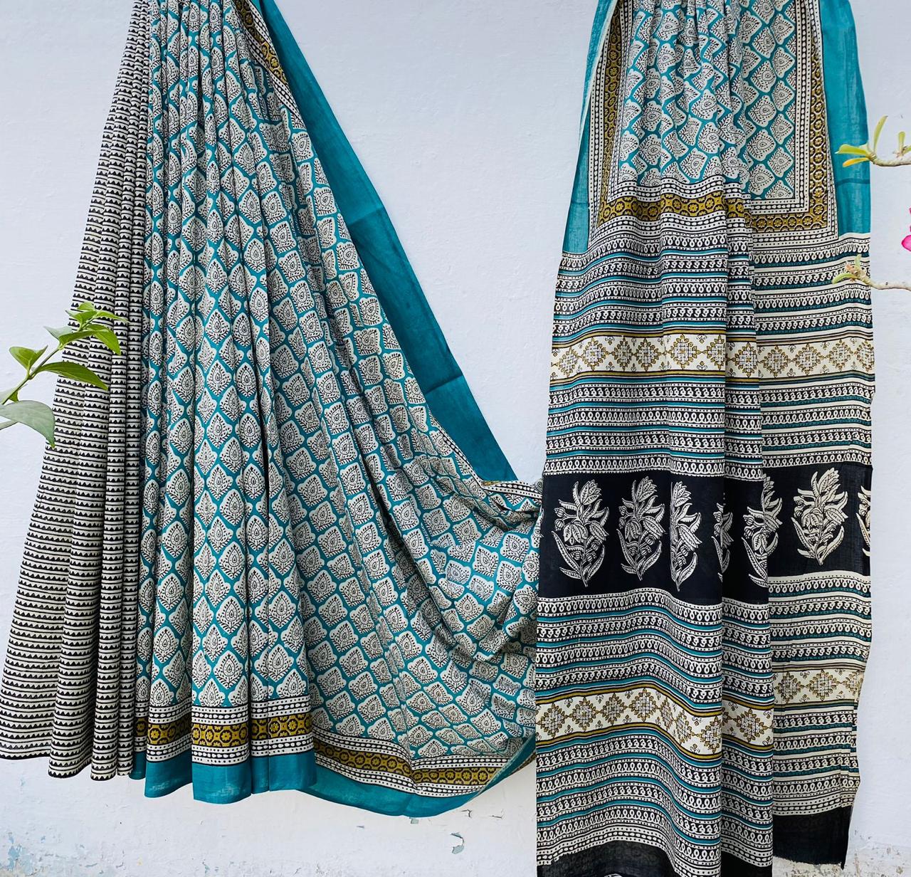 Hand block printed Cotton Bagru Saree