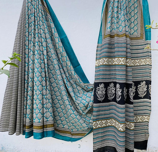 Hand block printed Cotton Bagru Saree