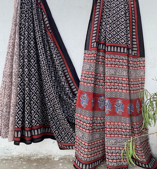 Hand block printed Cotton Bagru Saree