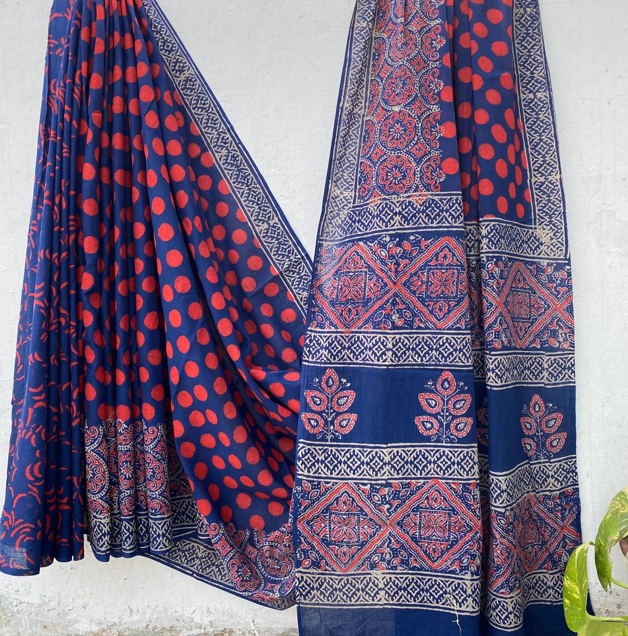 Hand block printed Cotton Bagru Saree