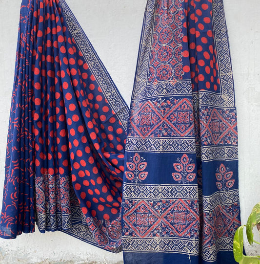Hand block printed Cotton Bagru Saree