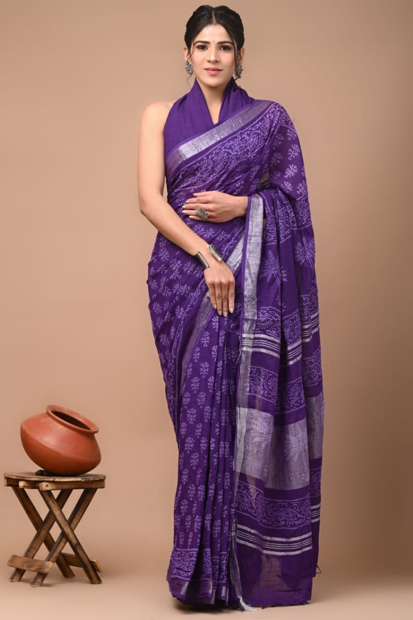 Pure Hand block printed cotton linen saree