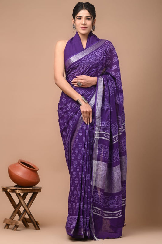 Pure Hand block printed cotton linen saree