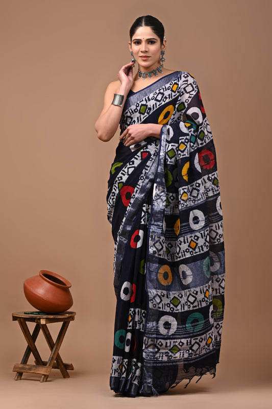 Pure Hand block printed cotton linen saree