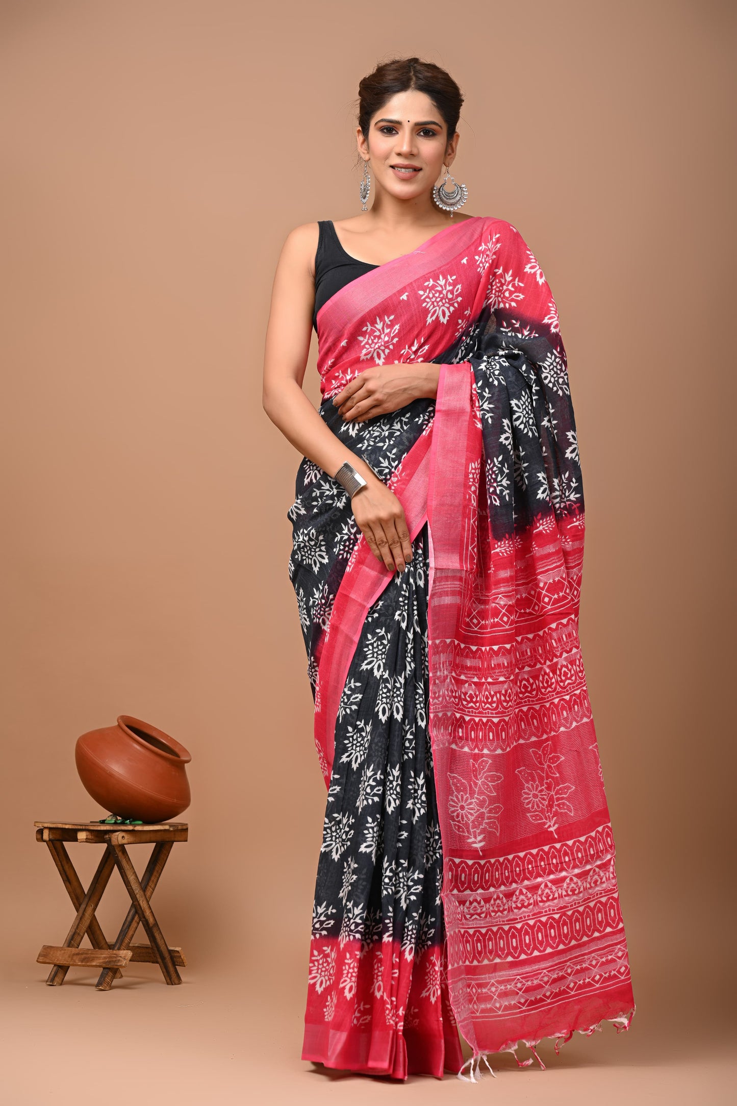 Pure Hand block printed cotton linen saree