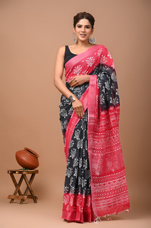 Pure Hand block printed cotton linen saree