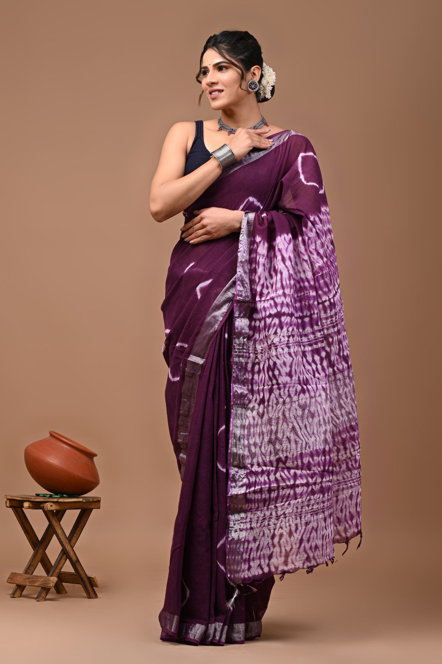 Pure Hand block printed cotton linen saree