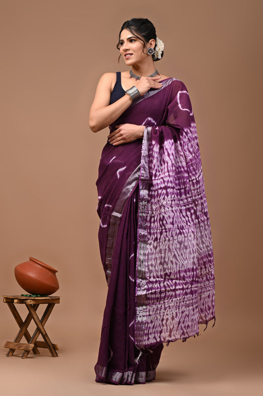 Pure Hand block printed cotton linen saree