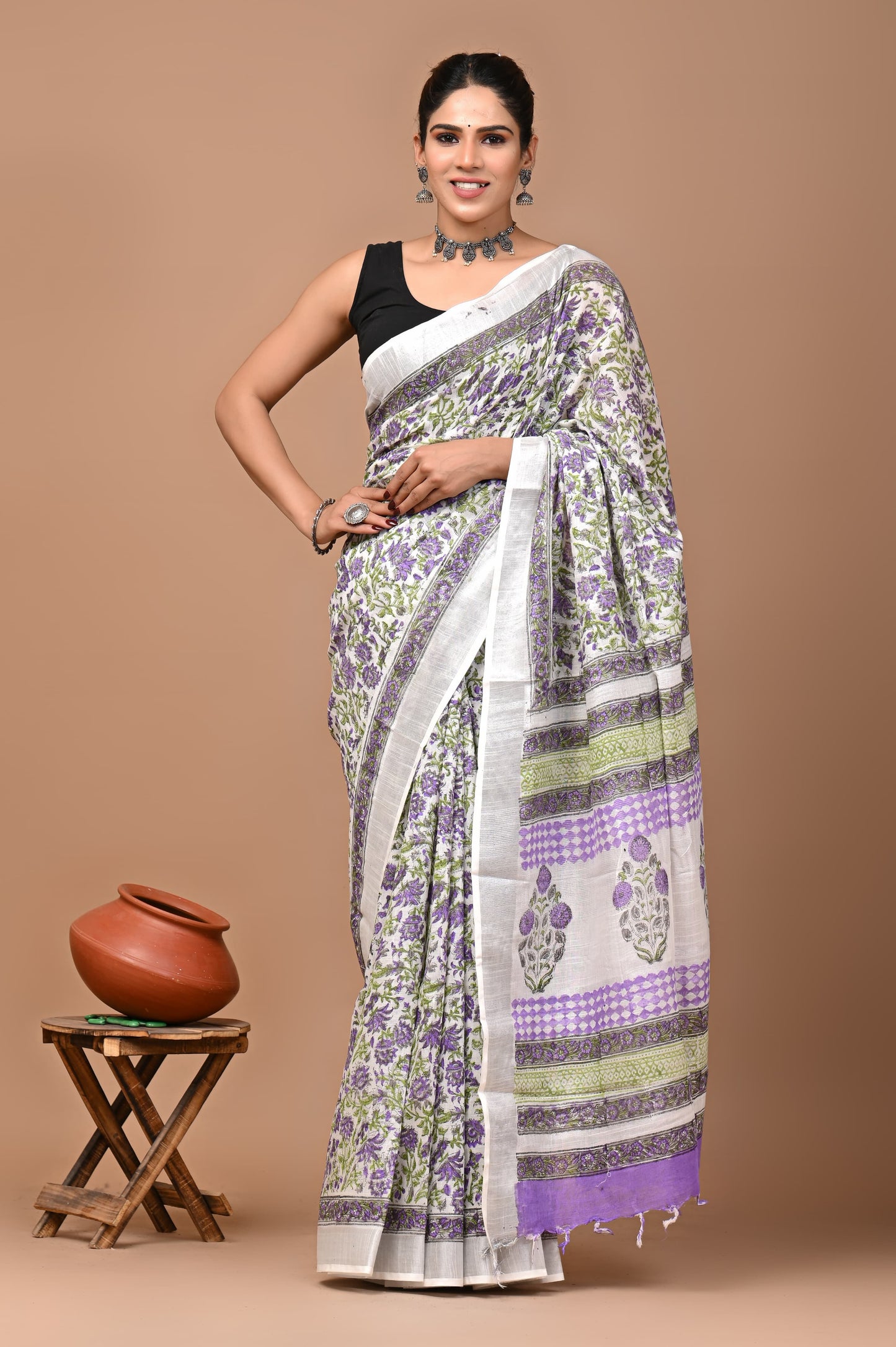 Pure Hand block printed cotton linen saree