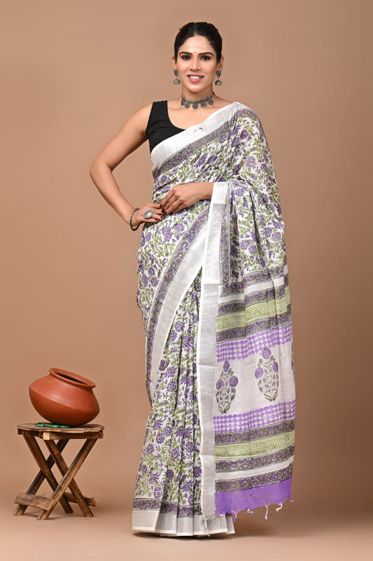 Pure Hand block printed cotton linen saree