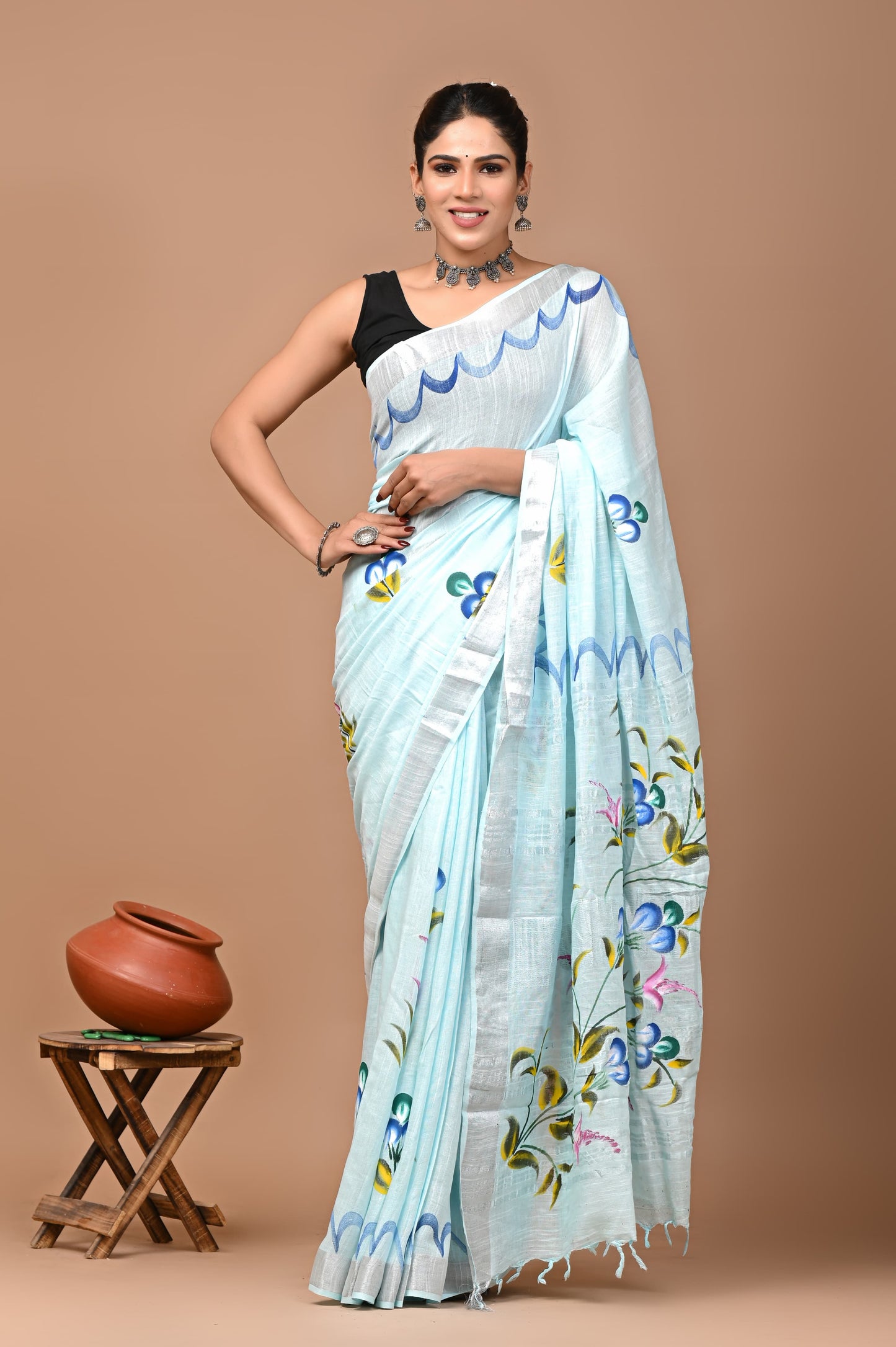 Pure Hand block printed cotton linen saree
