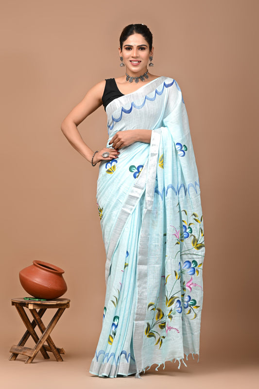 Pure Hand block printed cotton linen saree