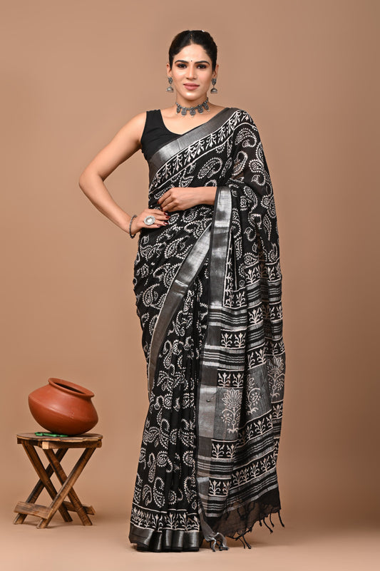 Pure Hand block printed cotton linen saree