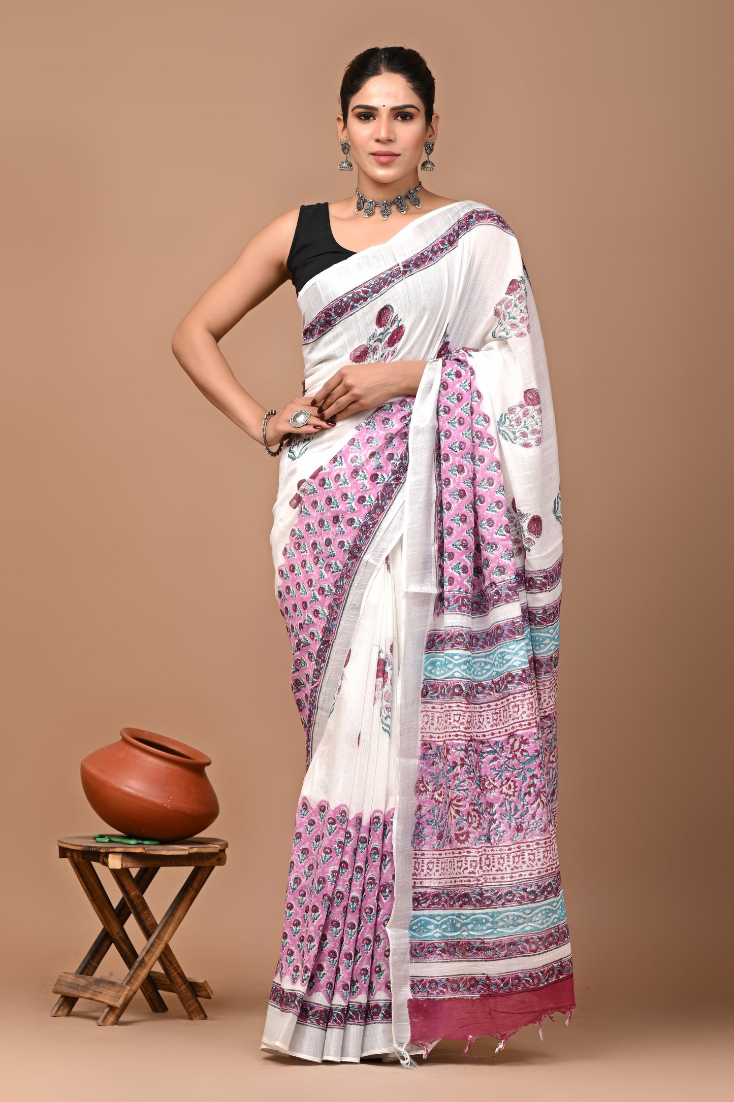 Pure Hand block printed cotton linen saree