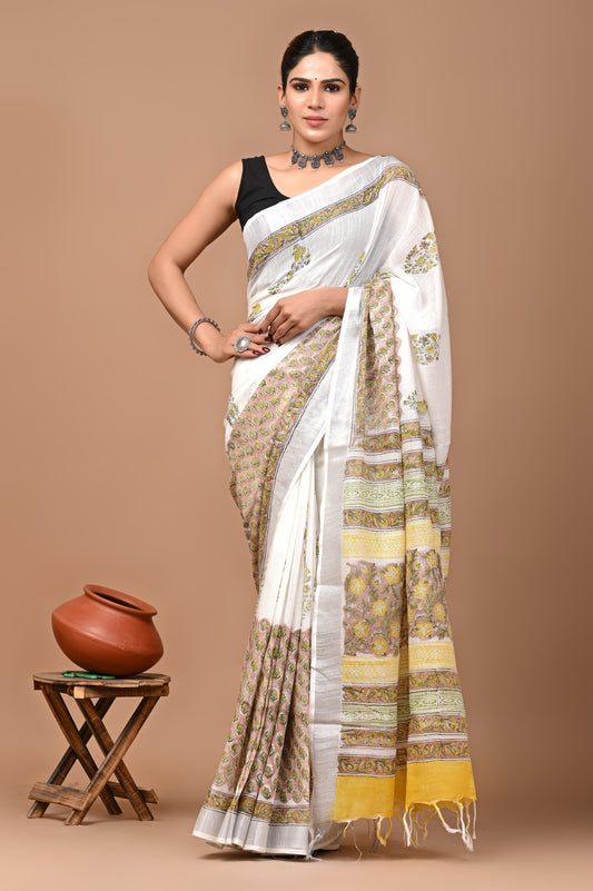Pure Hand block printed cotton linen saree