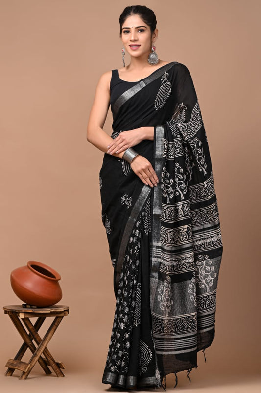 Pure Hand block printed cotton linen saree