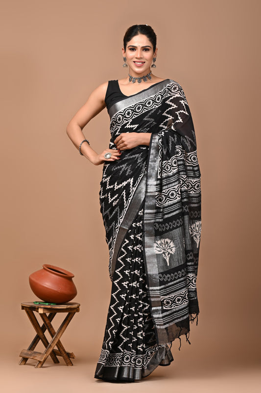 Pure Hand block printed cotton linen saree
