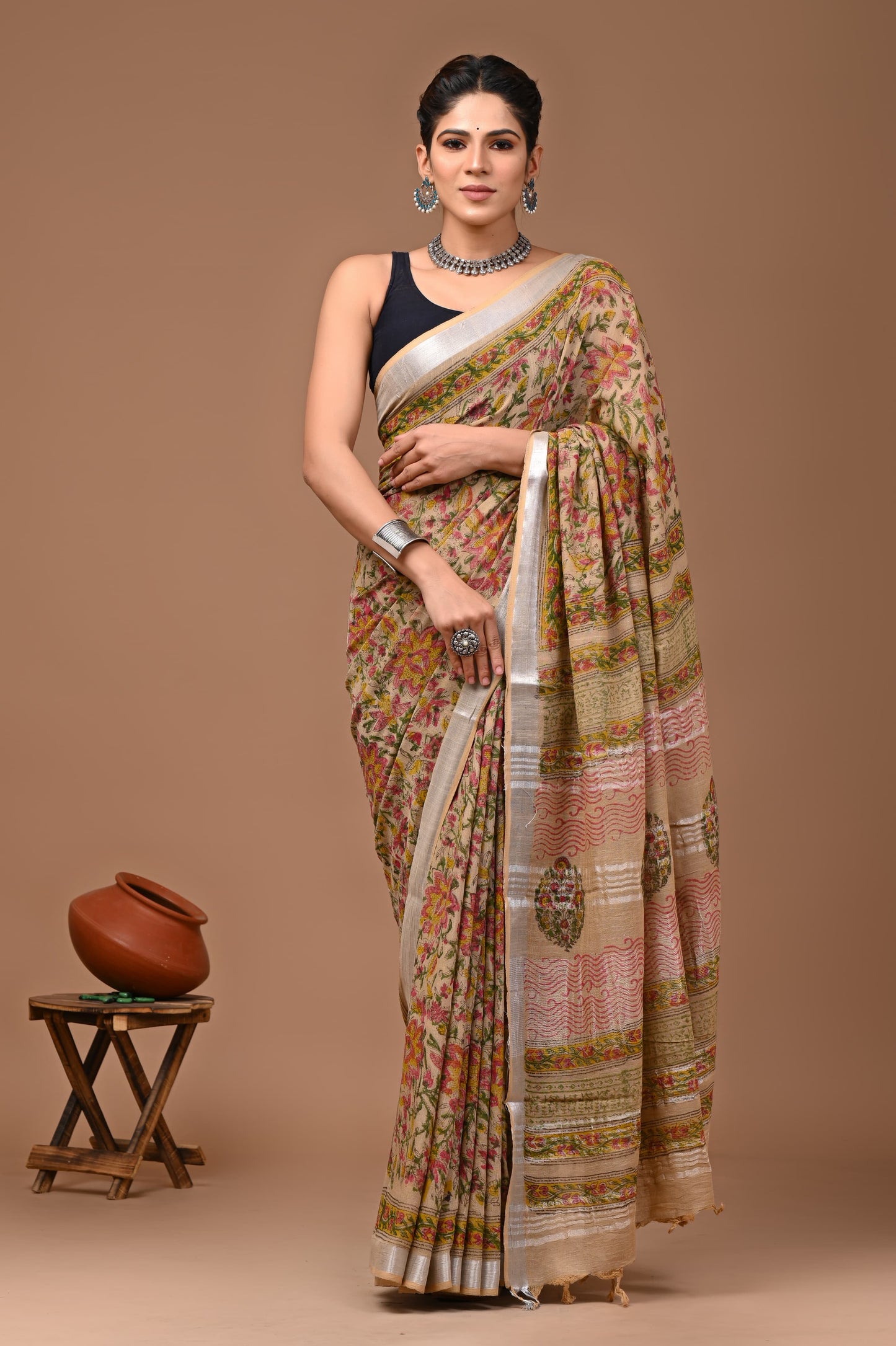 Pure Hand block printed cotton linen saree