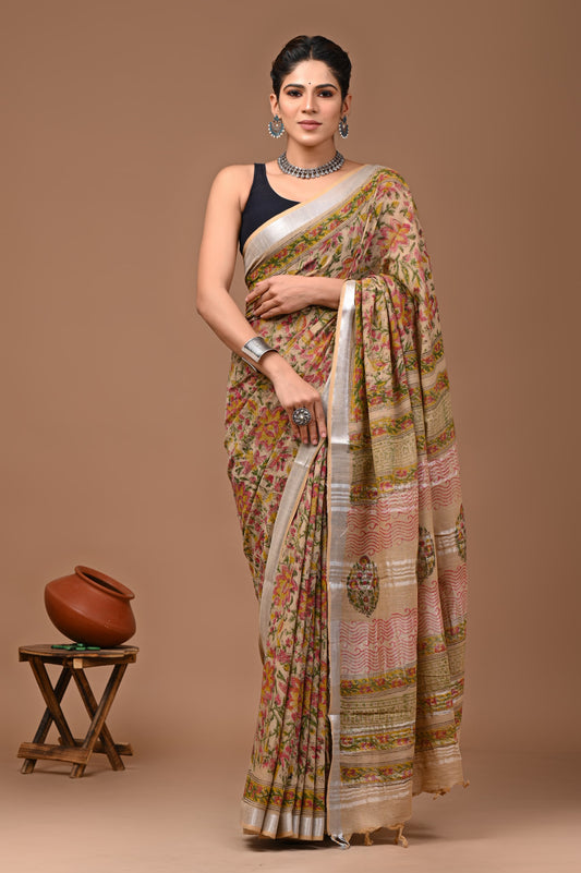 Pure Hand block printed cotton linen saree