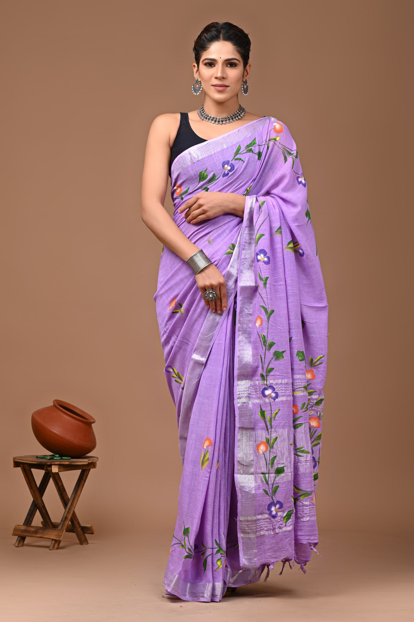 Pure Hand block printed cotton linen saree