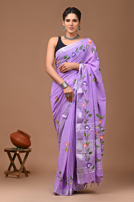 Pure Hand block printed cotton linen saree