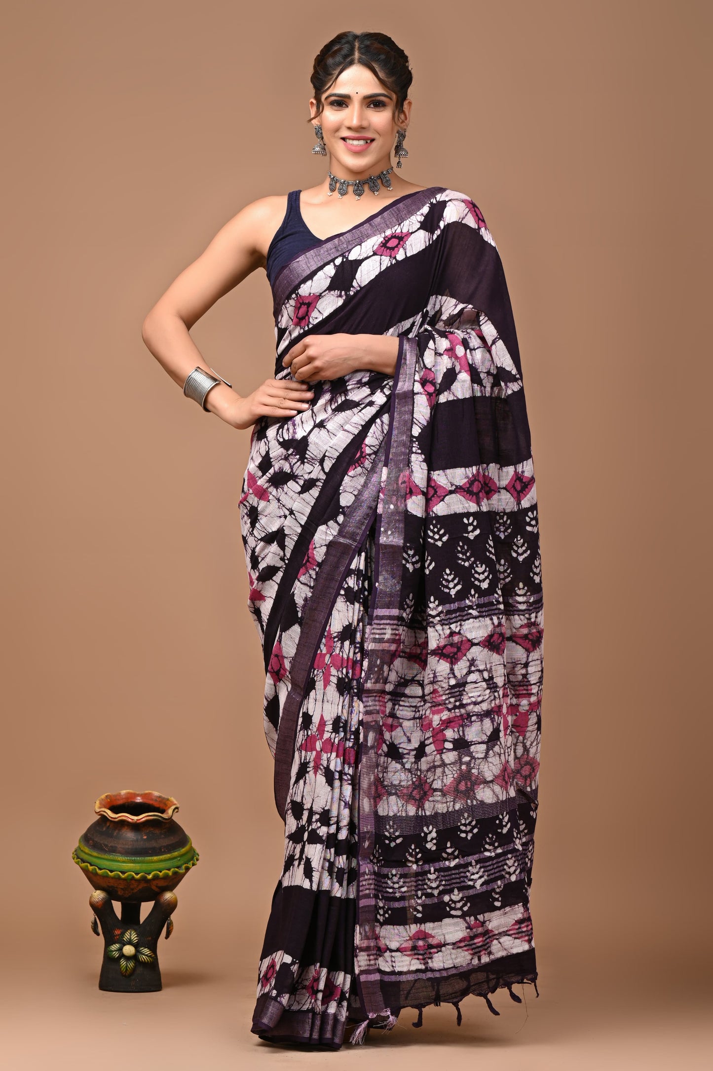 Pure Hand block printed cotton linen saree