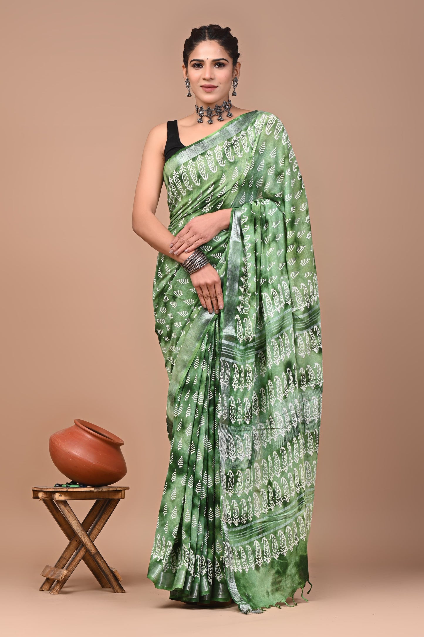 Pure Hand block printed cotton linen saree