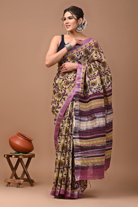 Pure Hand block printed cotton linen saree