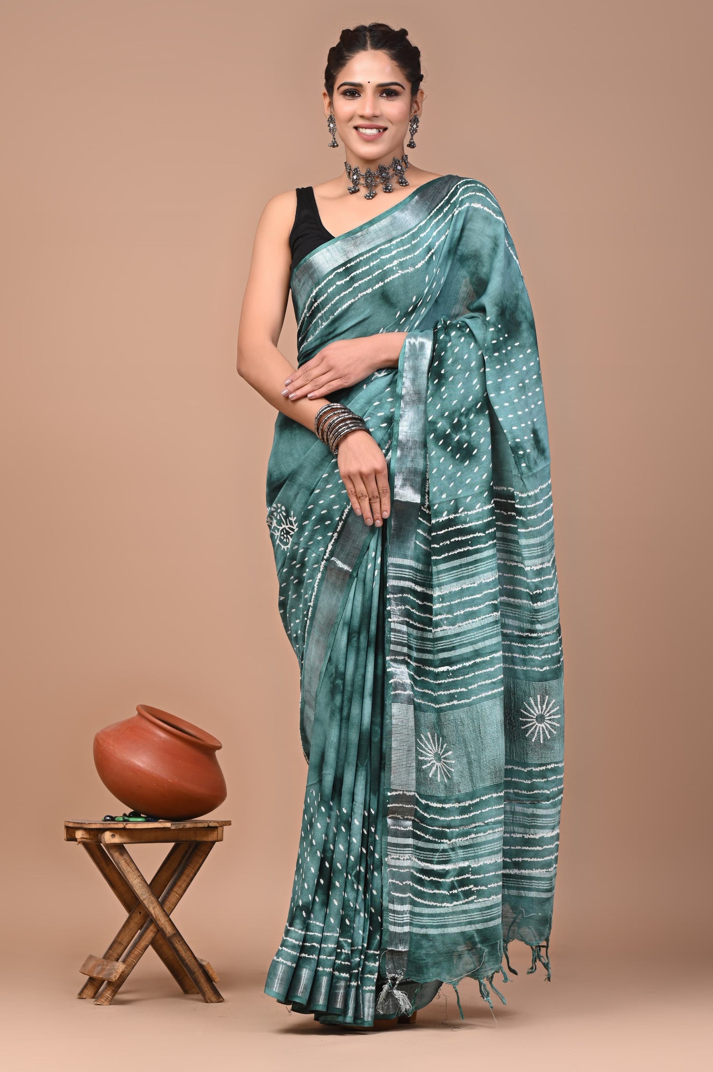 Pure Hand block printed cotton linen saree