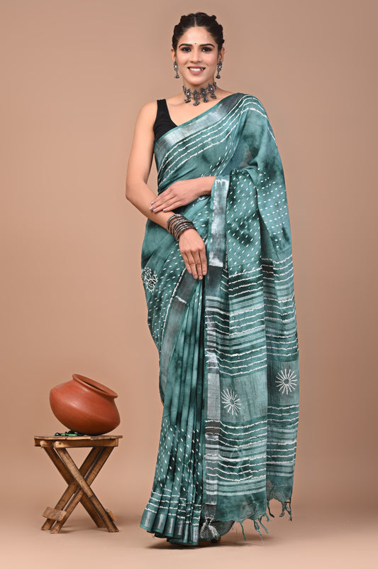 Pure Hand block printed cotton linen saree