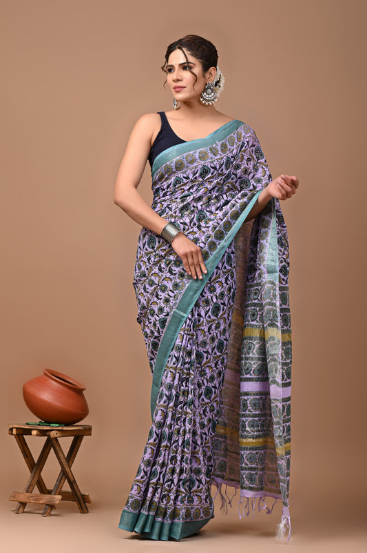 Pure Hand block printed cotton linen saree