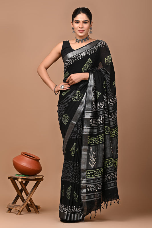 Pure Hand block printed cotton linen saree